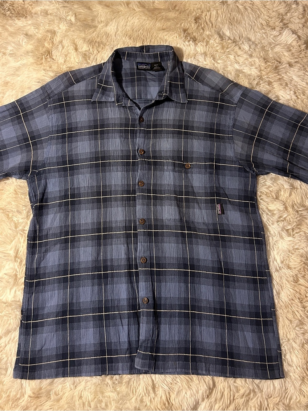 Patagonia Men's Navy and Light Blue Plaid Button-Down Shirt